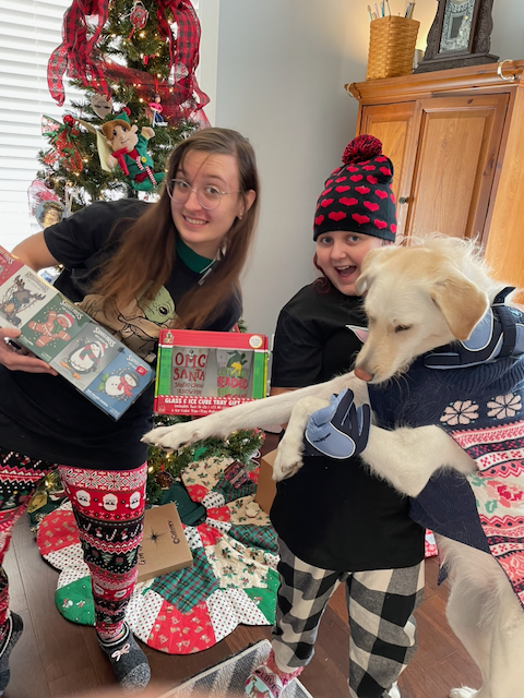 Auto-generated description: Two people dressed in festive holiday clothing are joyfully posing with a dog wearing a sweater in front of a decorated Christmas tree with presents underneath.